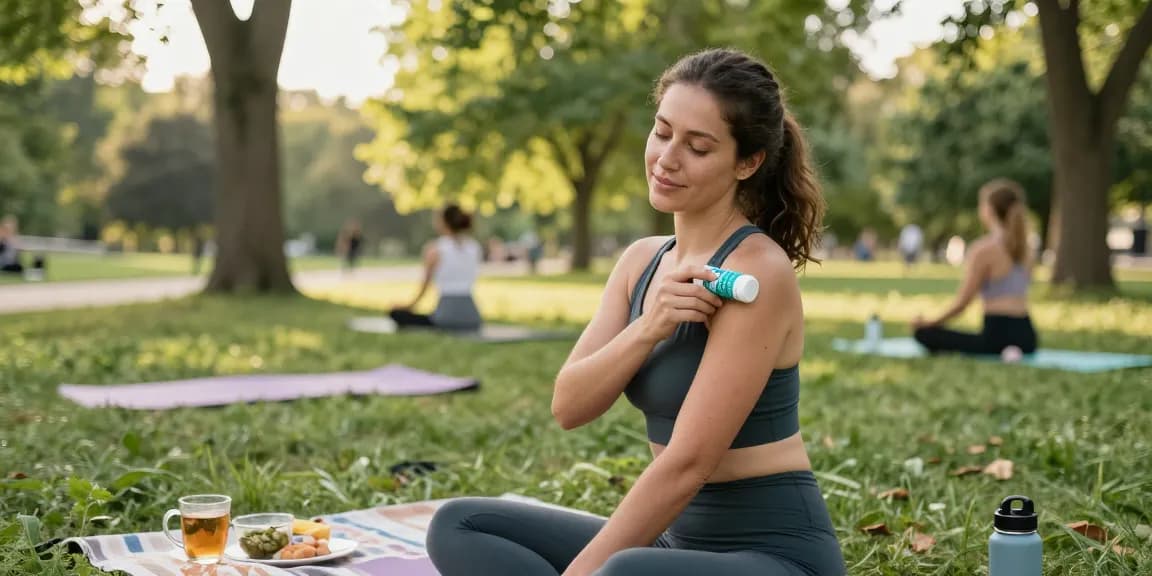 Apply CBD Pain Roller Stick for muscle relief in a serene park setting with natural wellness elements.