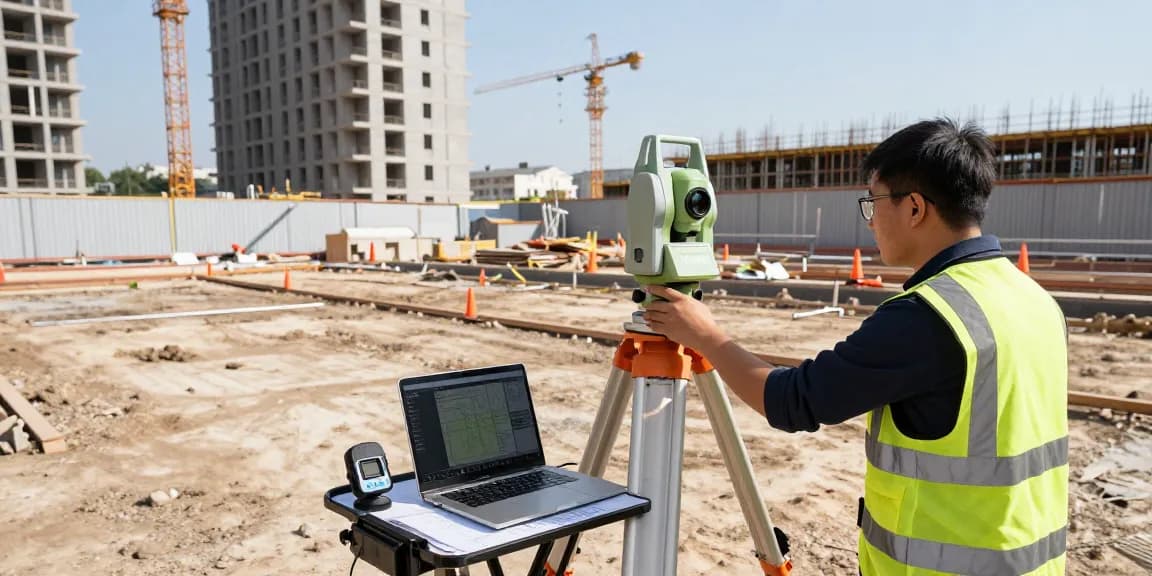 Land surveys london with surveyor using 3D laser scanner at construction site