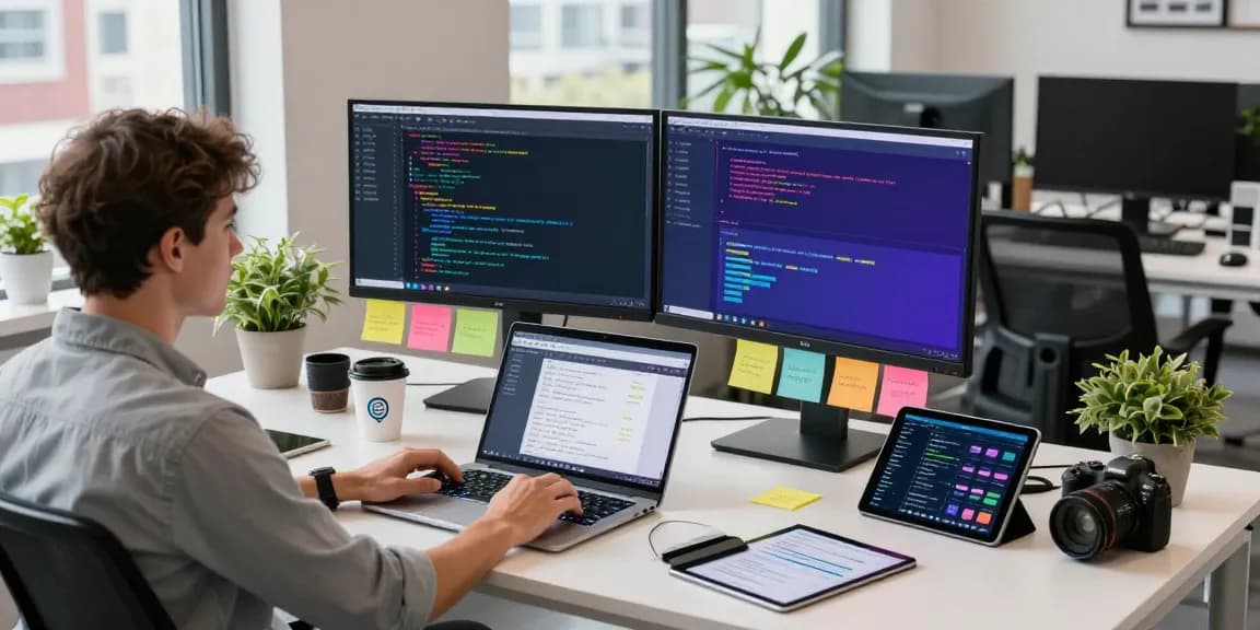 Developer working on an AI chatbot in a modern tech workspace with dual monitors and creative decor.