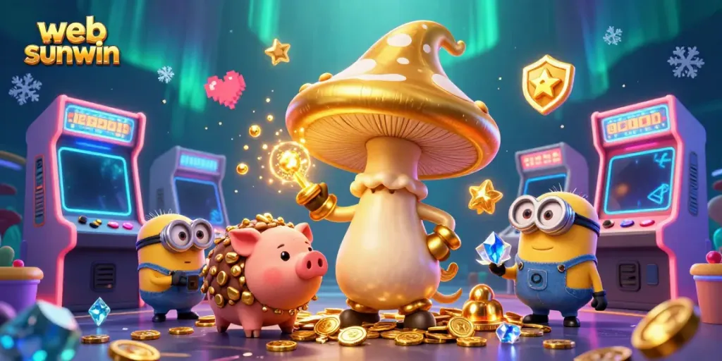 Engage in the vibrant world of web sunwin with a magical golden mushroom wizard surrounded by arcade elements.