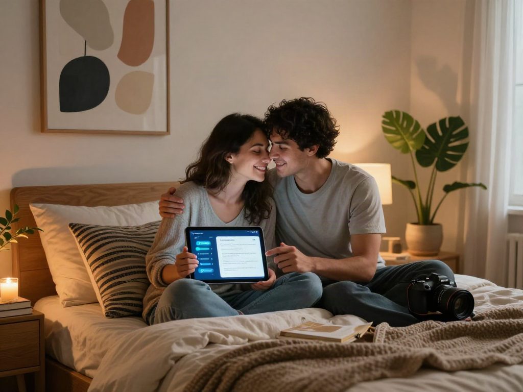 Couple exploring ai sex relationship app in cozy bedroom environment
