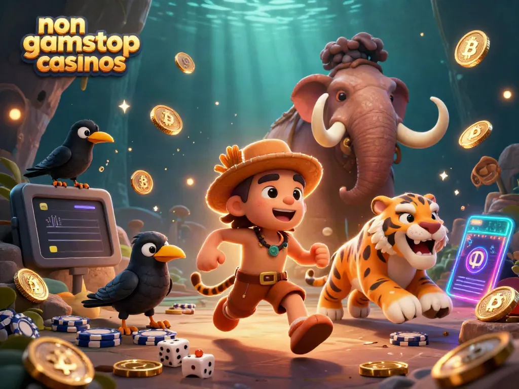 Experience the vibrant world of non gamstop casinos with a prehistoric gaming scene featuring cavemen.
