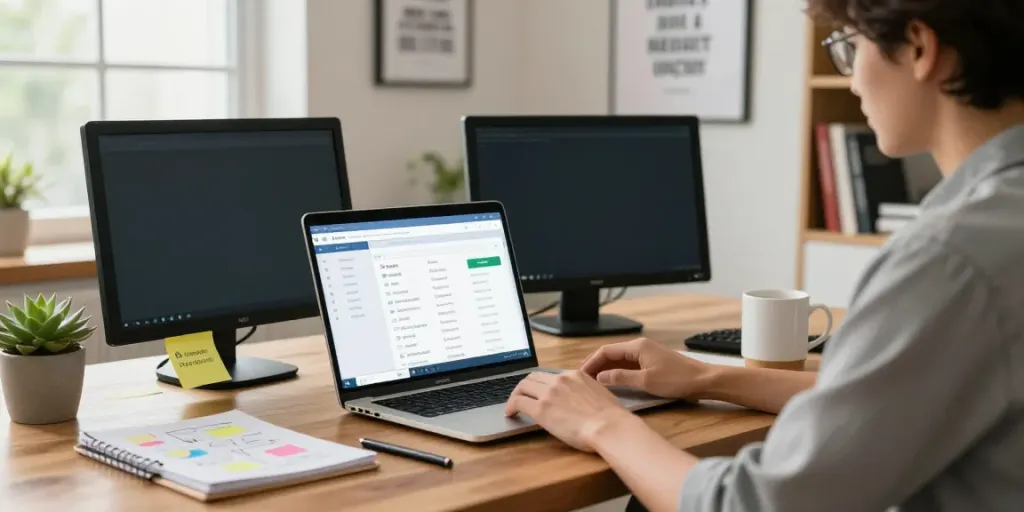 Engaging workspace for domain registration UK with laptop, monitors, and creative elements