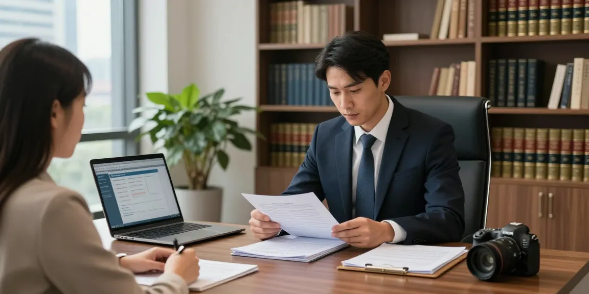Law office consultation scene showcasing legal professionals analyzing case files and providing support in a professional environment.
