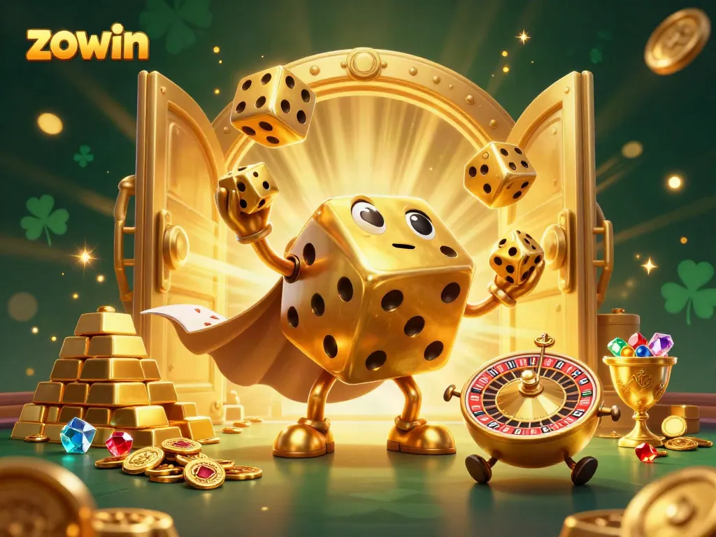 Engage with the action of zowin as a golden dice golem and friends celebrate wins with bursting treasures in a casino.