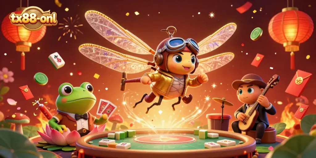 Experience the thrilling atmosphere at tx88-onl, where a dragonfly pilot and frog dealer create a unique casino experience.