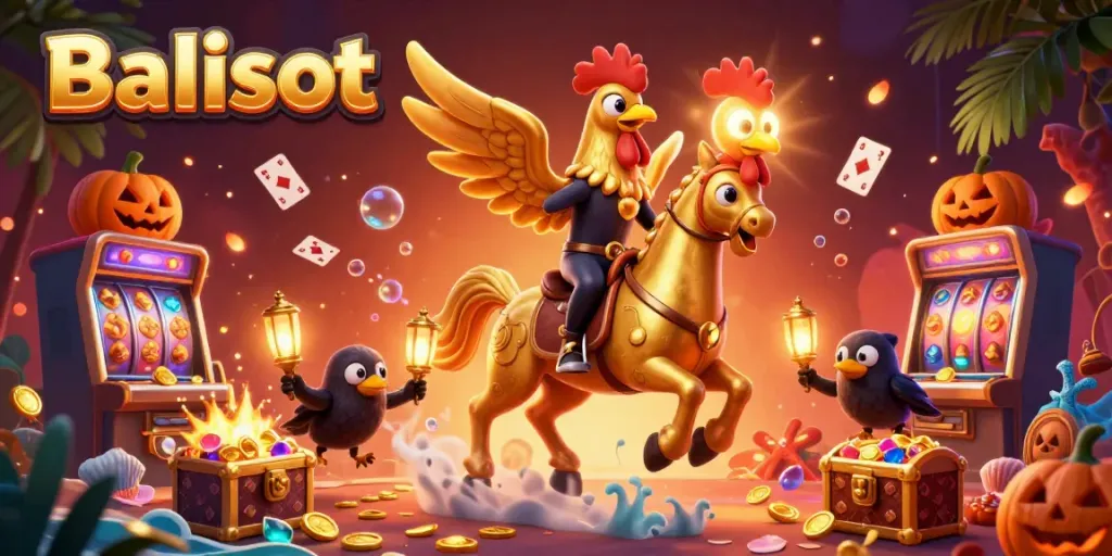 Balislot chaos unfolds as the golden rooster rides through a vibrant casino with treasure and excitement.