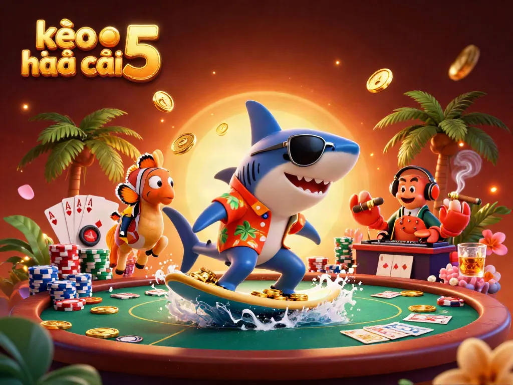 Experience thrilling moments with kèo nhà cái 5 as characters surf through dynamic poker elements and gold coins.
