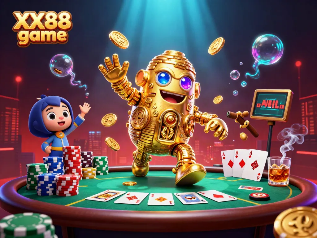 Experience the thrill of the XX88 game with a captivating 3D illustration of a golden golem amidst poker elements.