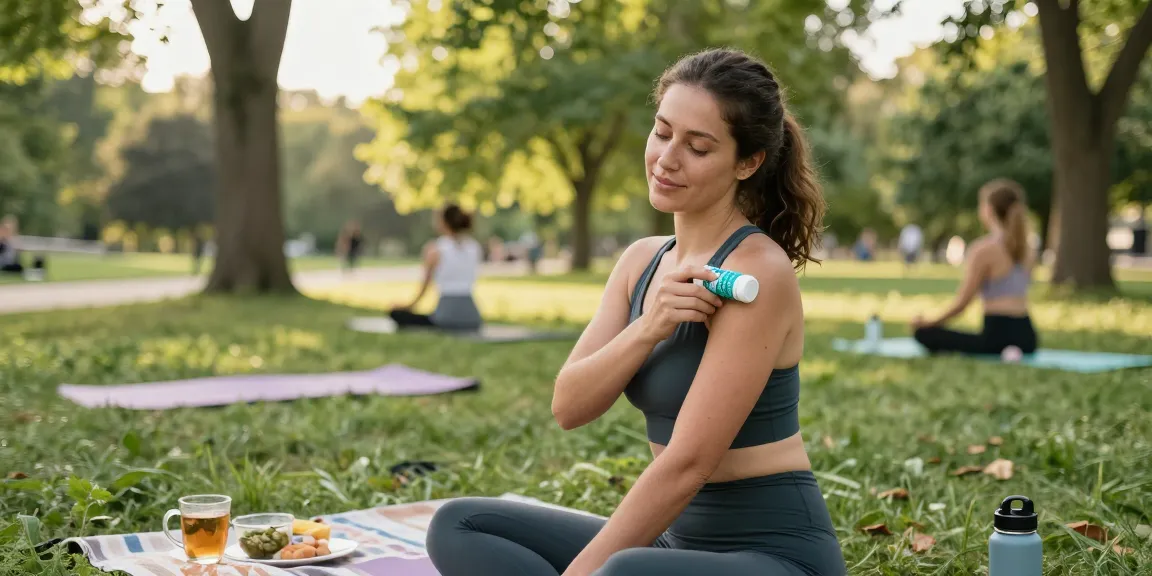 Apply CBD Pain Roller Stick for muscle relief in a serene park setting with natural wellness elements.