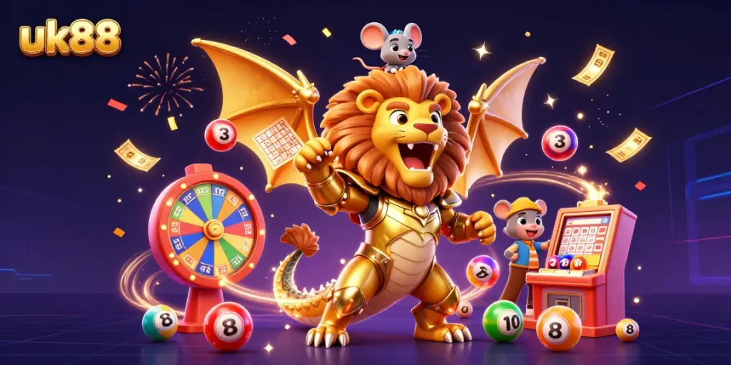 Engage with the exhilarating action of uk88 as a chimera creature roars triumphantly amidst colorful dynamic elements.