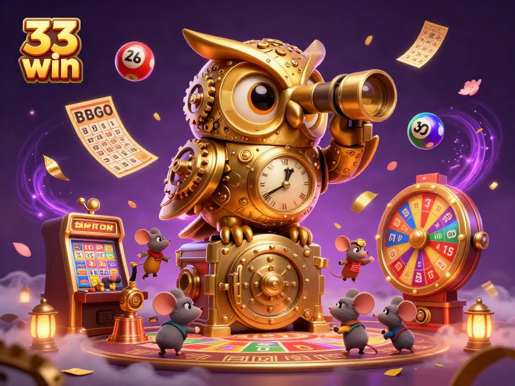 Experience the thrill of 33 win with vibrant casino action featuring a golden owl, mouse patrons, and animated games.