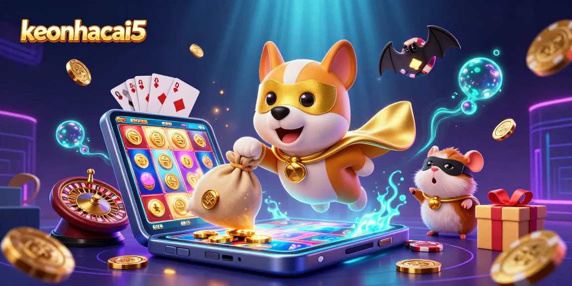 Bet on keonhacai5 with an exciting superhero dog and hamster in a vibrant casino scene.