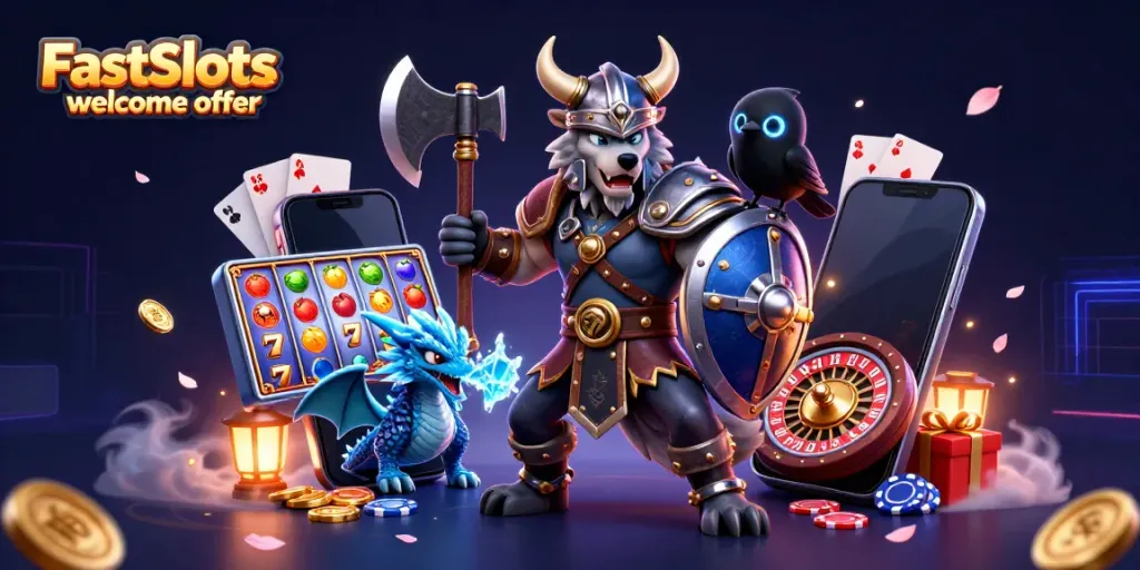 Engage with the FastSlots welcome offer featuring a Viking warrior, dragon, and vibrant slot game elements.