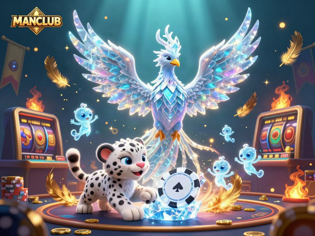 Spin to win at MANCLUB with a vibrant casino scene featuring an ice phoenix and poker elements.