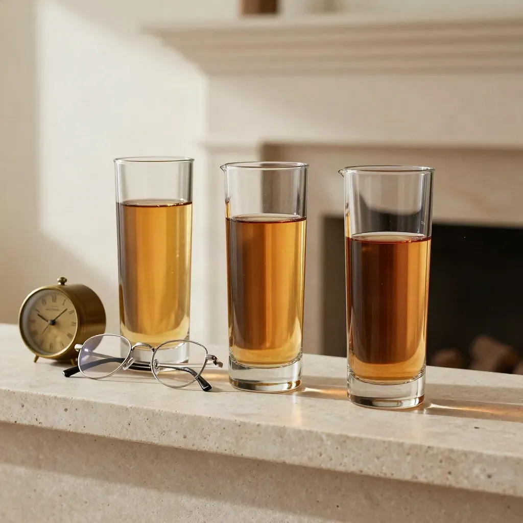 Glass vessels, brass clock and reading glasses on a limestone mantel with warm light