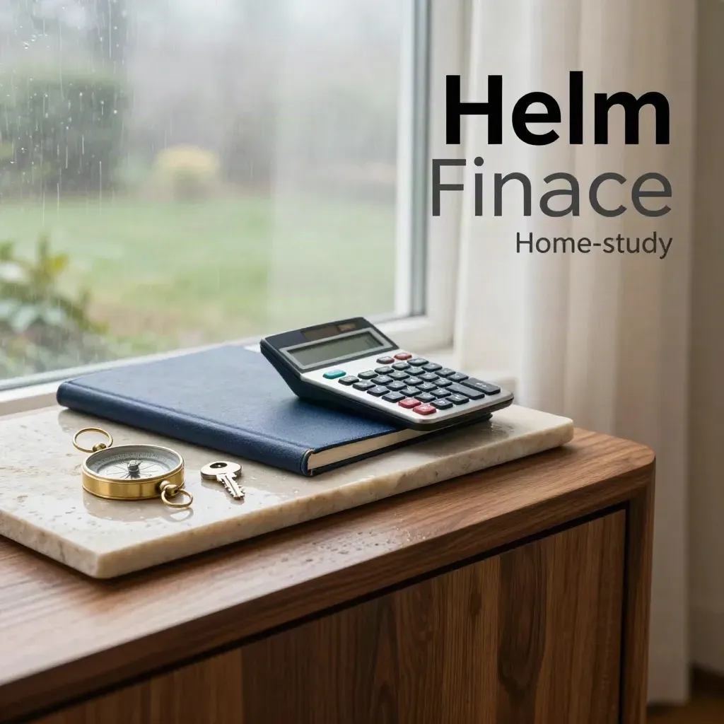 Brass compass, navy folio, calculator and house key on a walnut sideboard by a misty rain window.