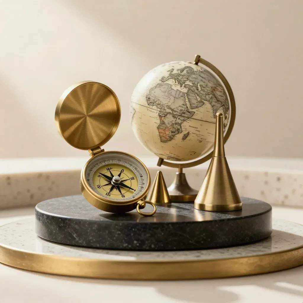 Brass compass, small globe and weighted metal forms on a dark stone plinth in warm window light.