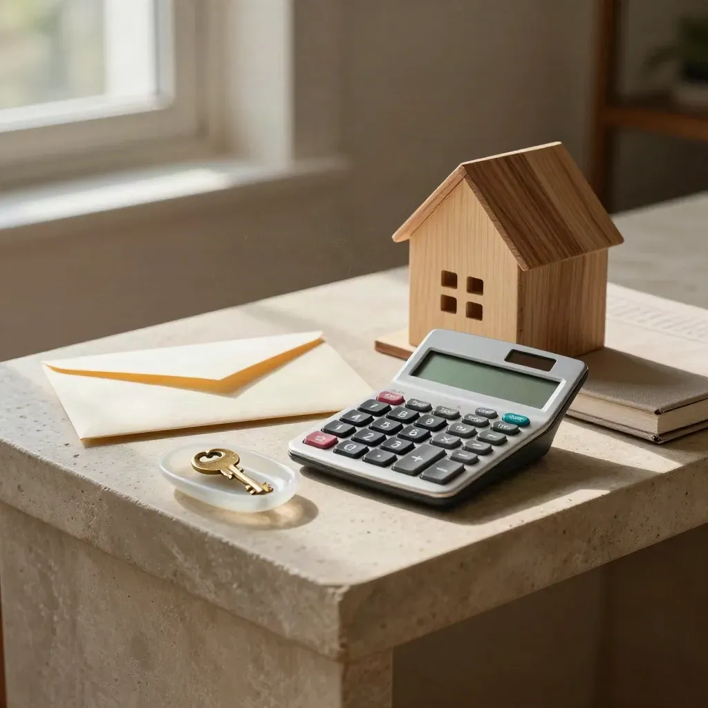 Calculator, key dish, envelopes, house block and notebook on a stone console in warm morning light.