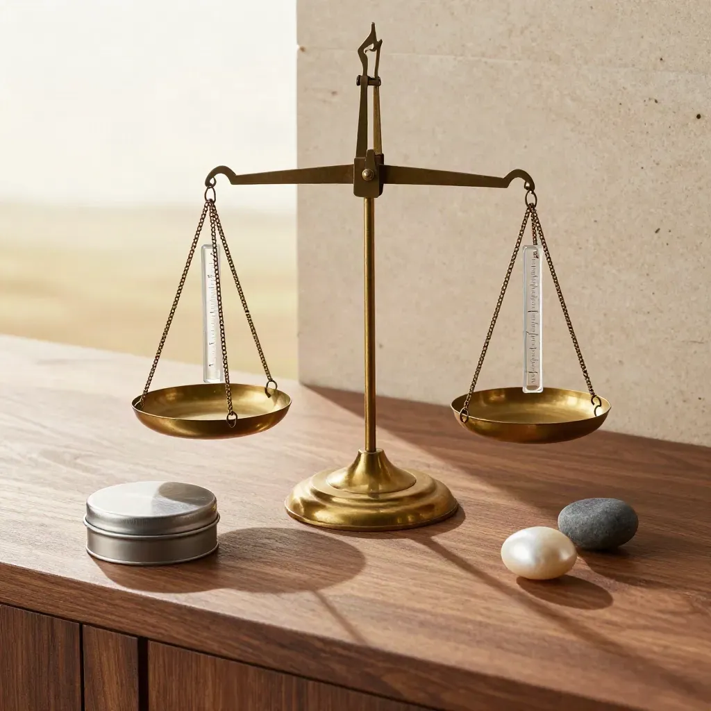 Brass balance scale with glass markers, tin and pebble weights on a warm walnut counter.