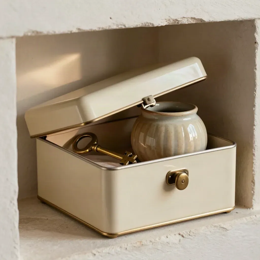 Nested savings boxes, brass key and ceramic pot in a pale alcove with dramatic raking light