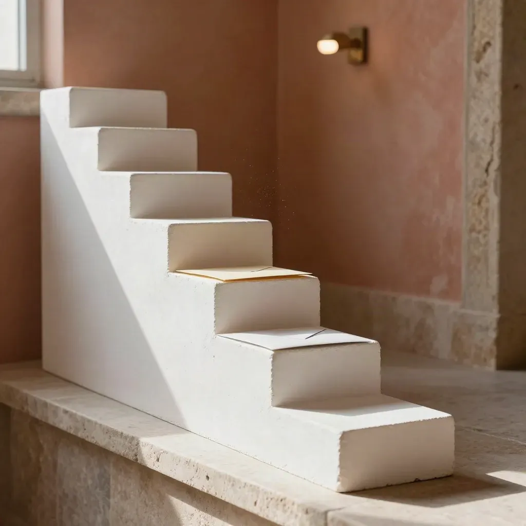Descending white blocks on a stone shelf with a sealed envelope, softly lit and atmospheric.