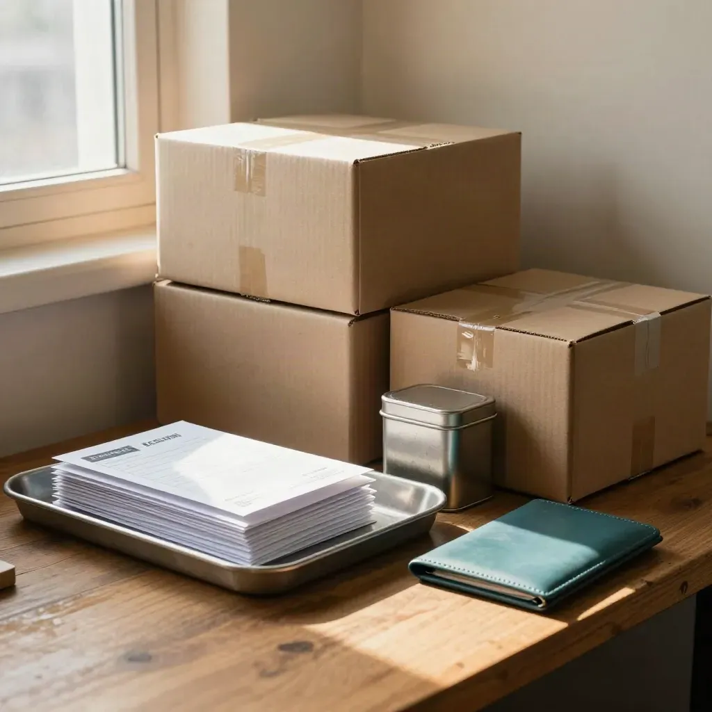 Kraft boxes, payroll envelopes and a cash tin in a warm studio back-office corner.