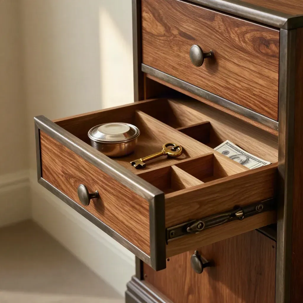 Walnut finance drawer with brass key and silver tax pot in a moody office alcove
