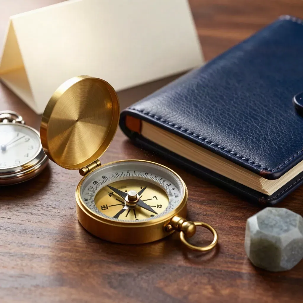 Macro still life of brass compass, leather folio, pocket watch and stone weight on walnut