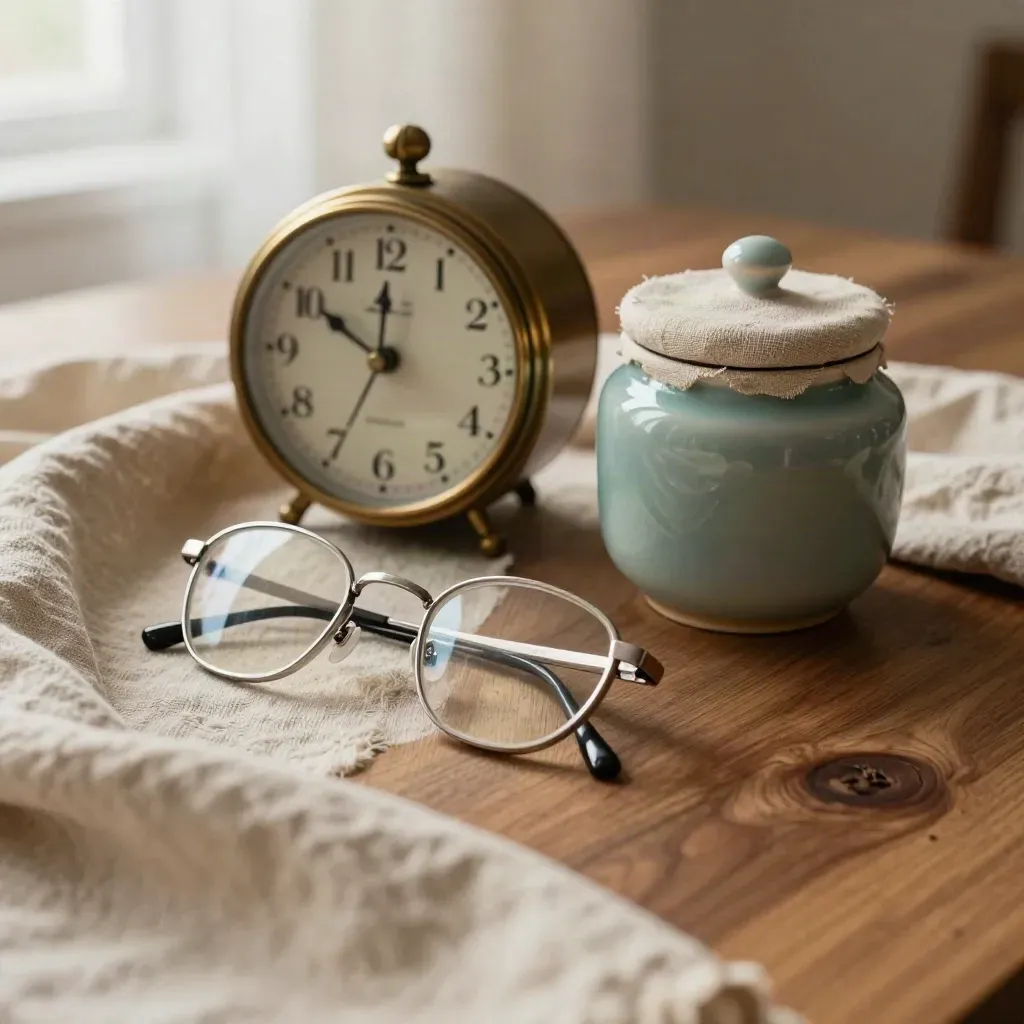 Brass clock, folded glasses and teal-glazed jar on linen with soft haze.