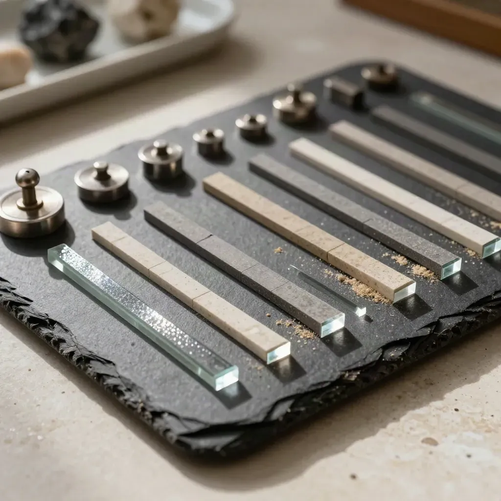 Slate board with prisms, balance weights and stone chips under raking light
