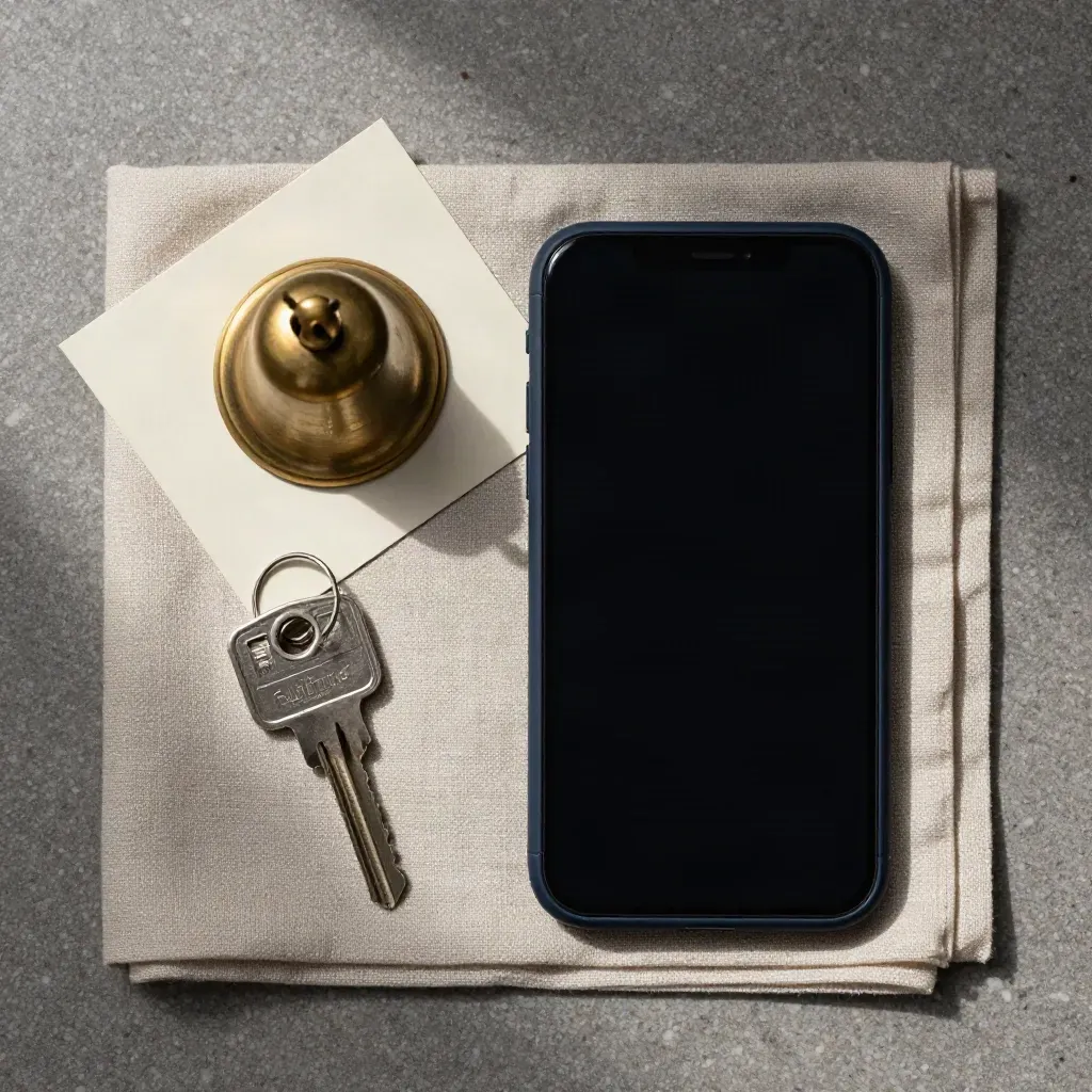 Overhead flatlay of a blank-screen smartphone, brass bell and house key on folded linen.