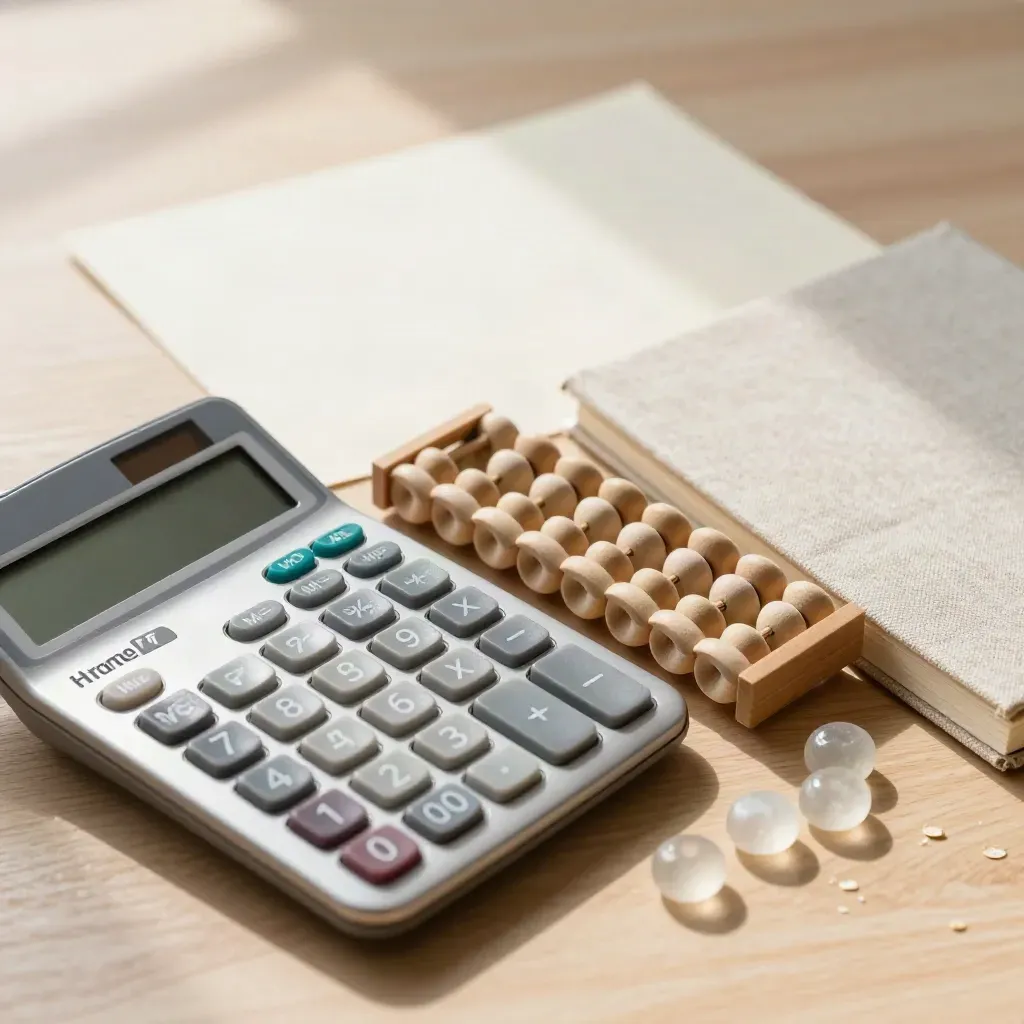 Calculator, abacus beads, notebook and tally stones on pale oak in soft daylight.