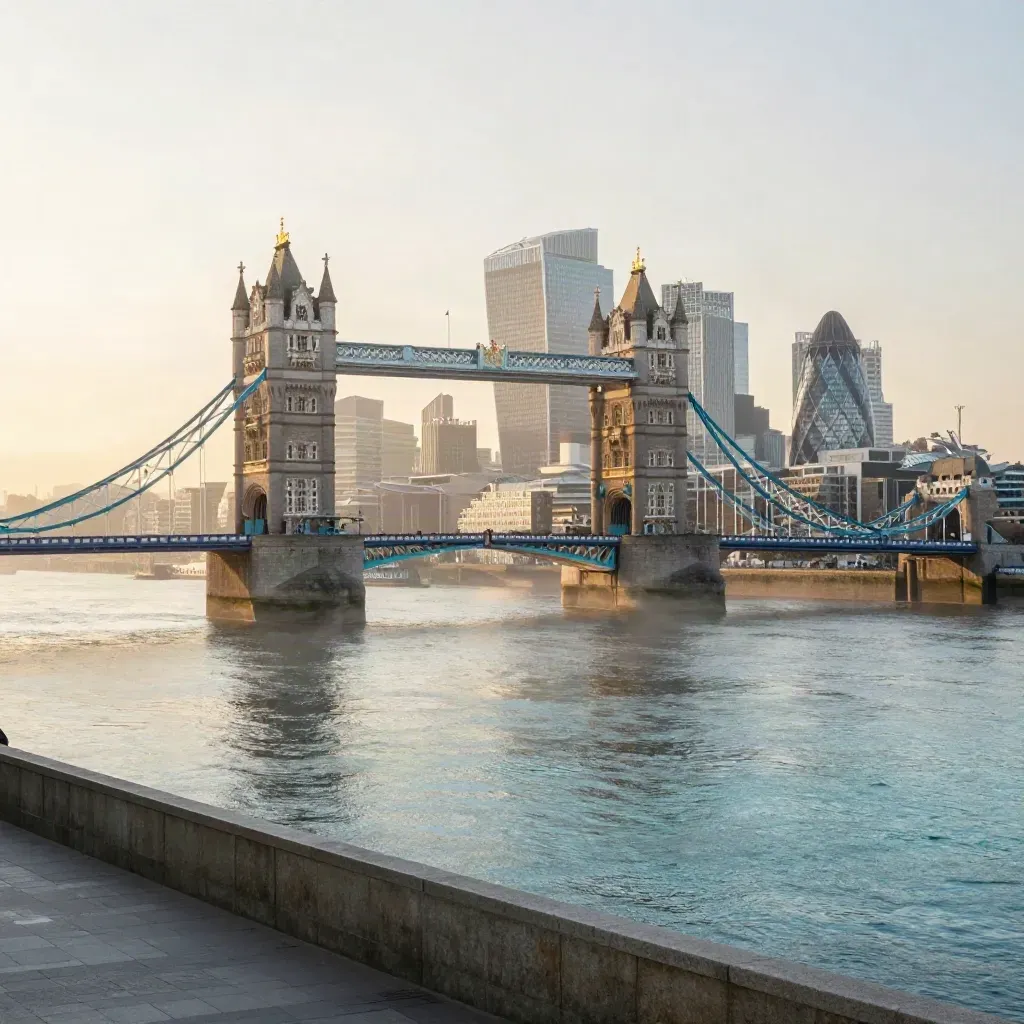 London skyline and Tower Bridge over the misty Thames at sunrise, calm copy space below.