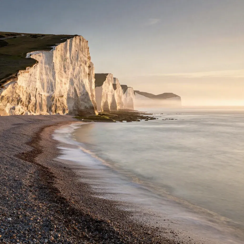 Golden South East England cliffs above a misty shingle shore at dusk