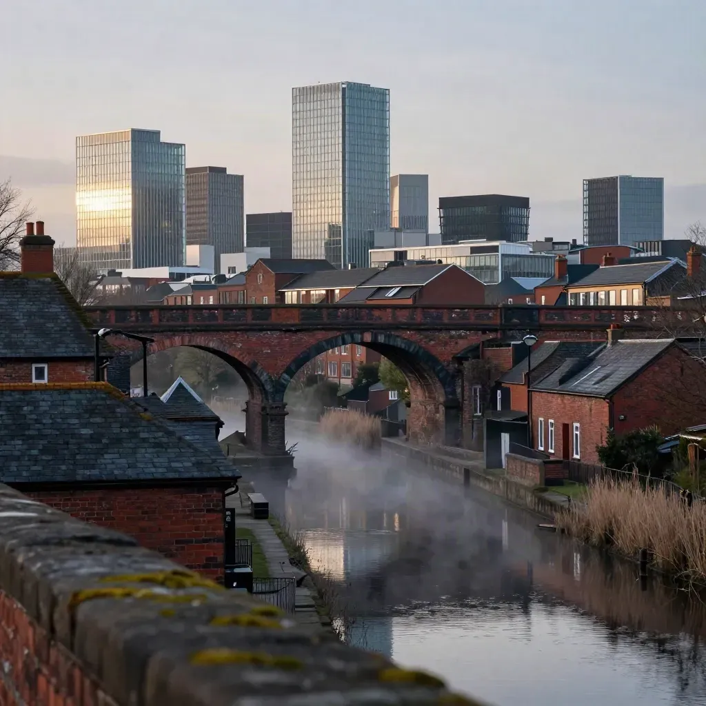 Greater Manchester skyline over a brick viaduct and misty canal basin at blue hour