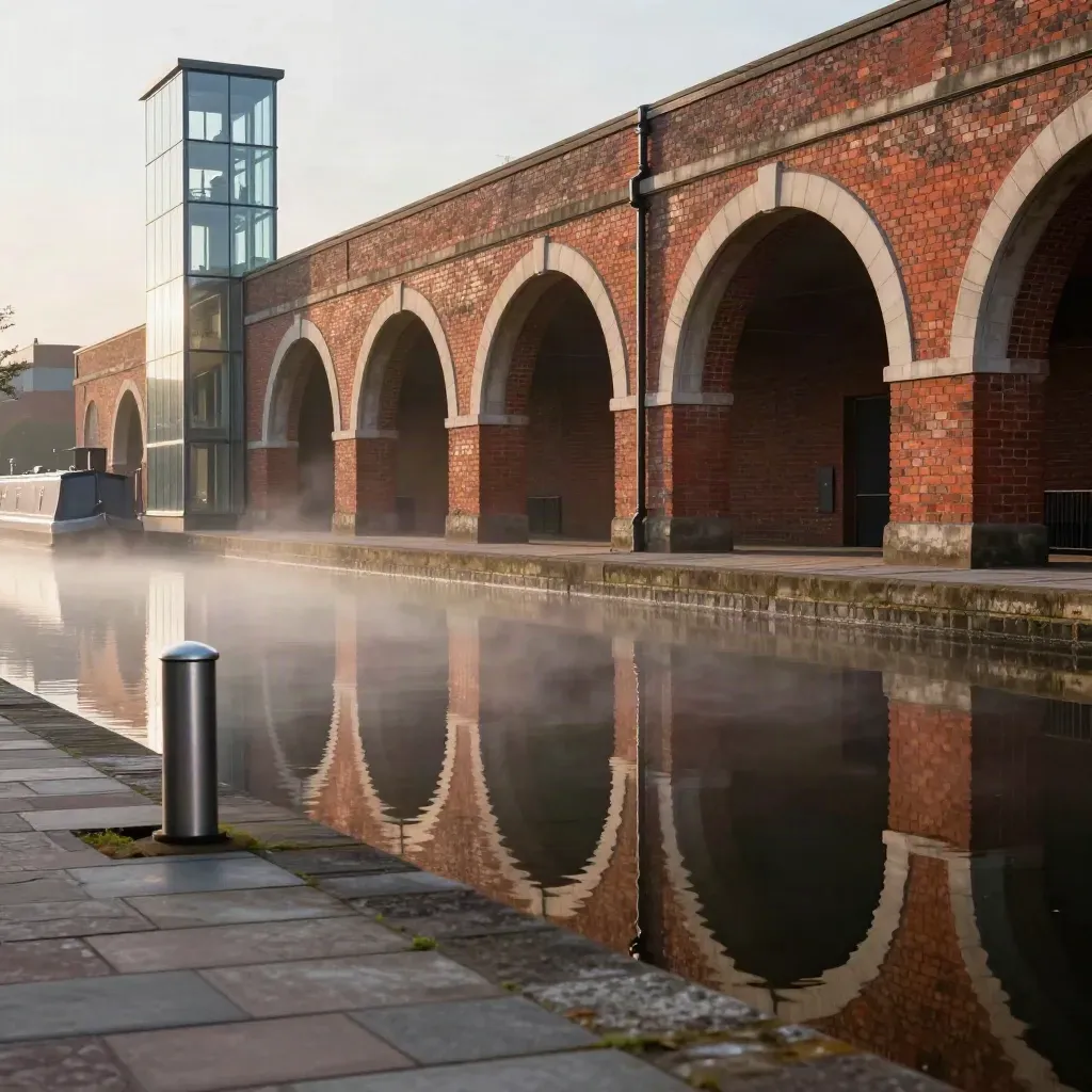 Warm dusk canal scene with brick arches, glass towers and still reflective water in haze