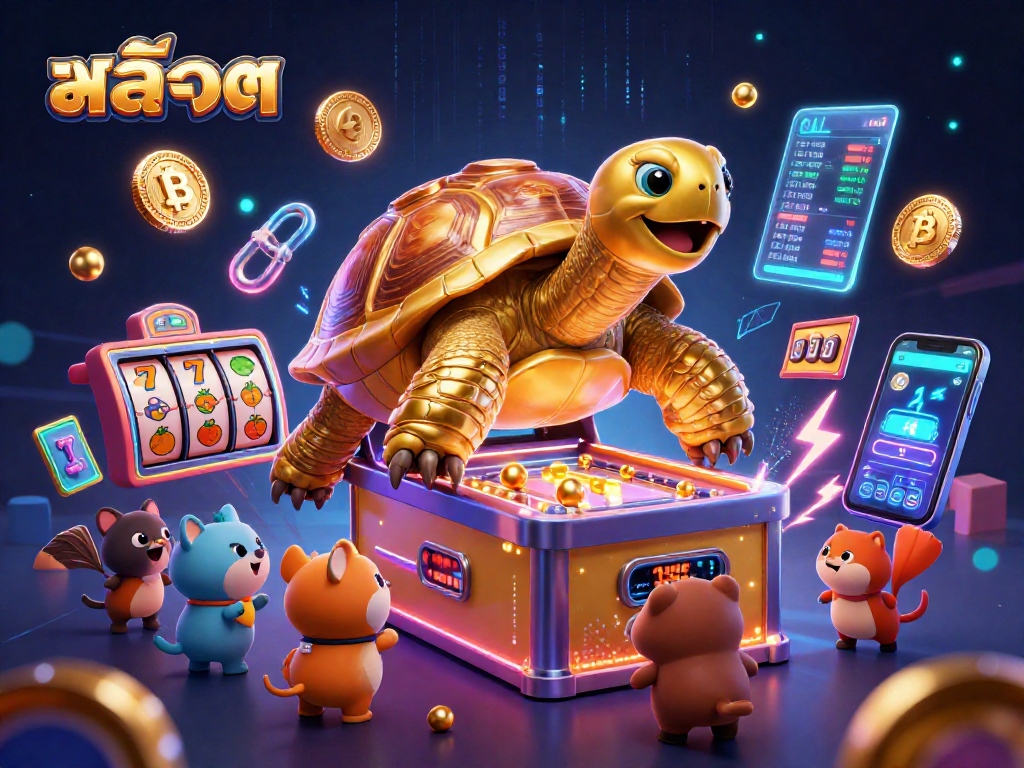 Engage with สล็อต in this vibrant 3D casino scene featuring a golden tortoise and various gaming elements.