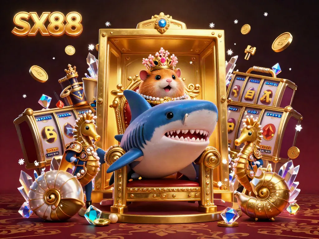 SX88 showcases a fierce golden hamster king in a casino scene, surrounded by royal seahorse guards and treasures.