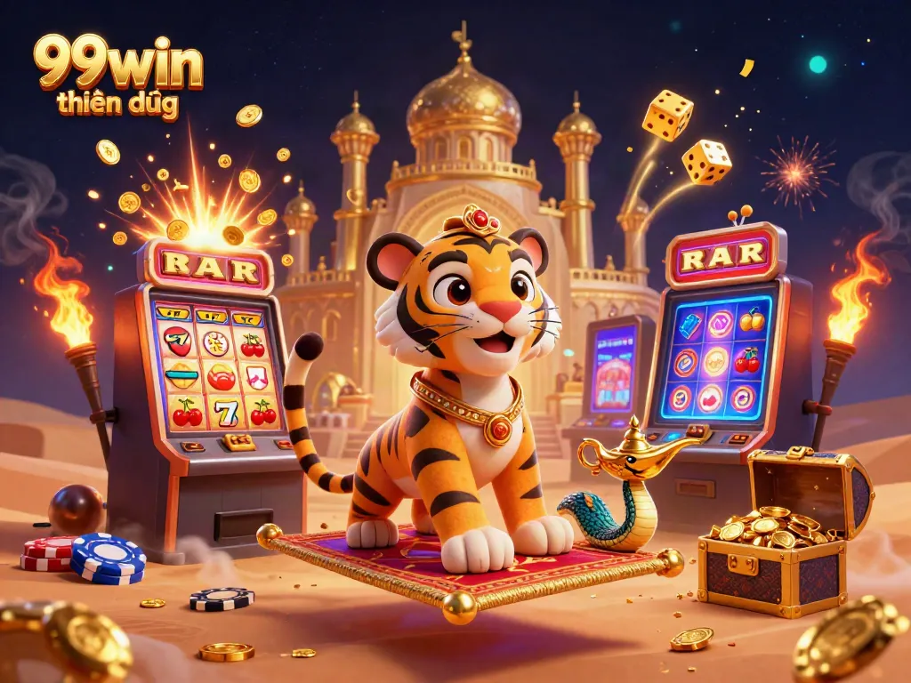 Engage with the vibrant world of 99win thiên đường, featuring dynamic casino elements and colorful characters.