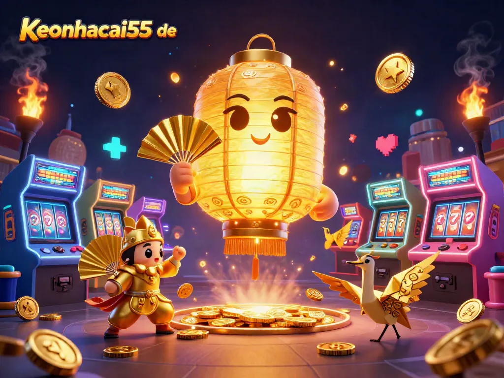 Engage with keonhacai55 de as a golden lantern spirit hovers over a vibrant casino scene filled with gaming elements.