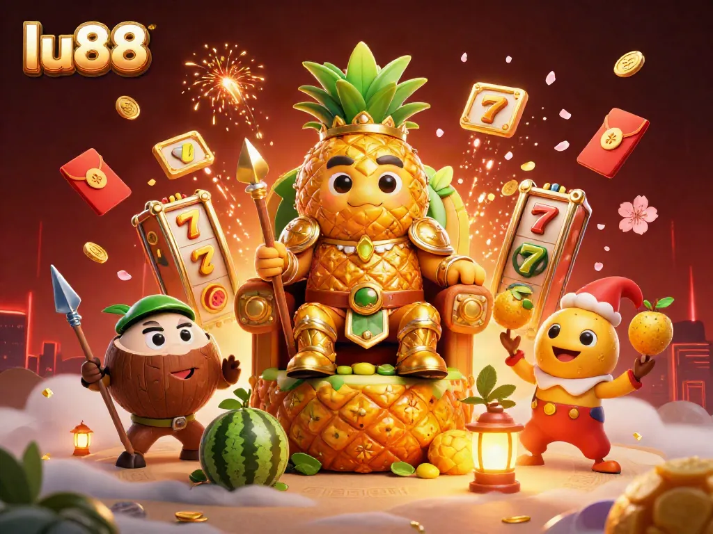Experience thrilling gameplay at lu88 with a vibrant beach casino scene showcasing dazzling slot machines and celebratory elements.