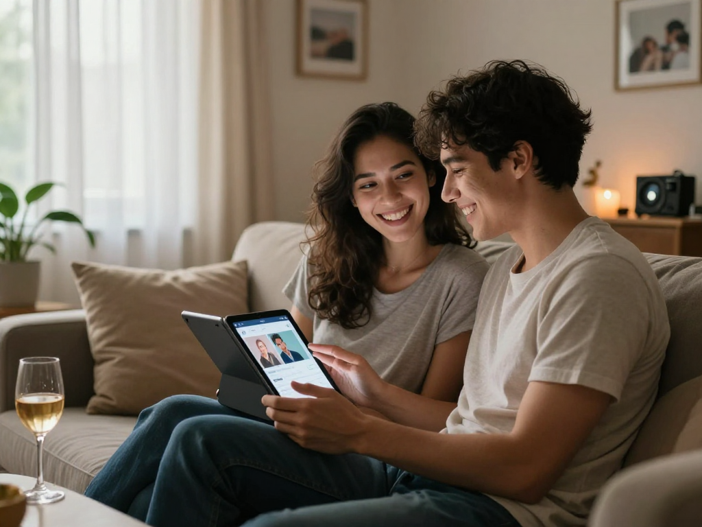 Couple exploring AI sex app on tablet in cozy romantic setting