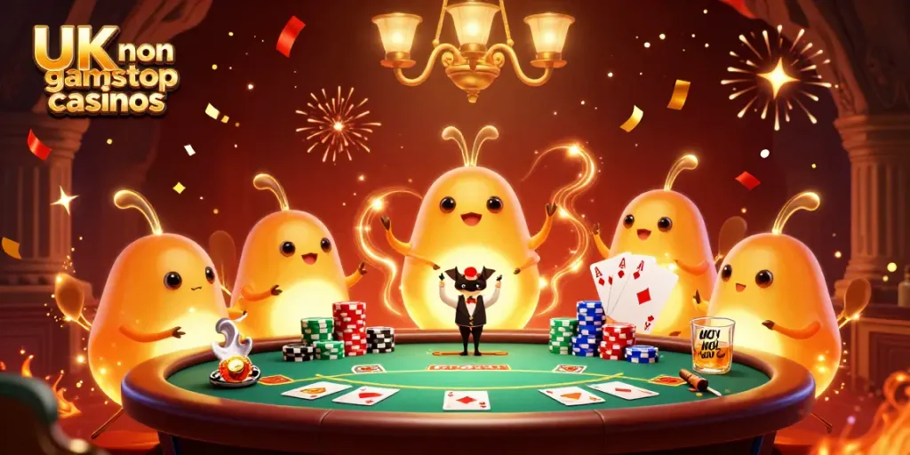 Experience exciting gameplay at UK non gamstop casinos with vibrant glowworms illuminating a poker table.