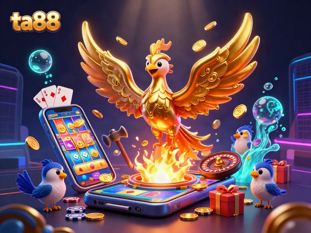 Spin & win with ta88 as the golden phoenix releases coins in a vibrant casino scene.