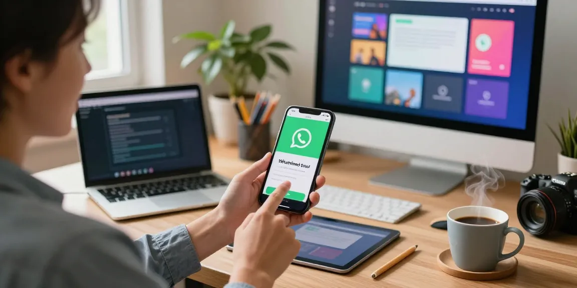 Person downloading WhatsApp下載 on smartphone in a cozy home office