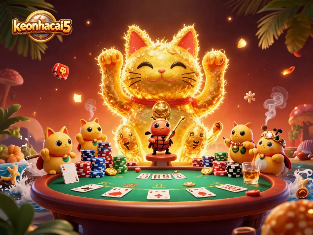Experience keonhacai5 with a vibrant scene of lucky cat symbols and poker elements.