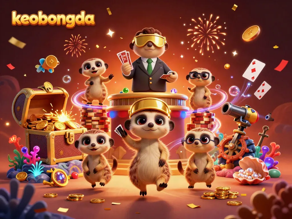 Engage in thrilling betting action with keobongda's lively casino meerkats amidst swirling confetti.