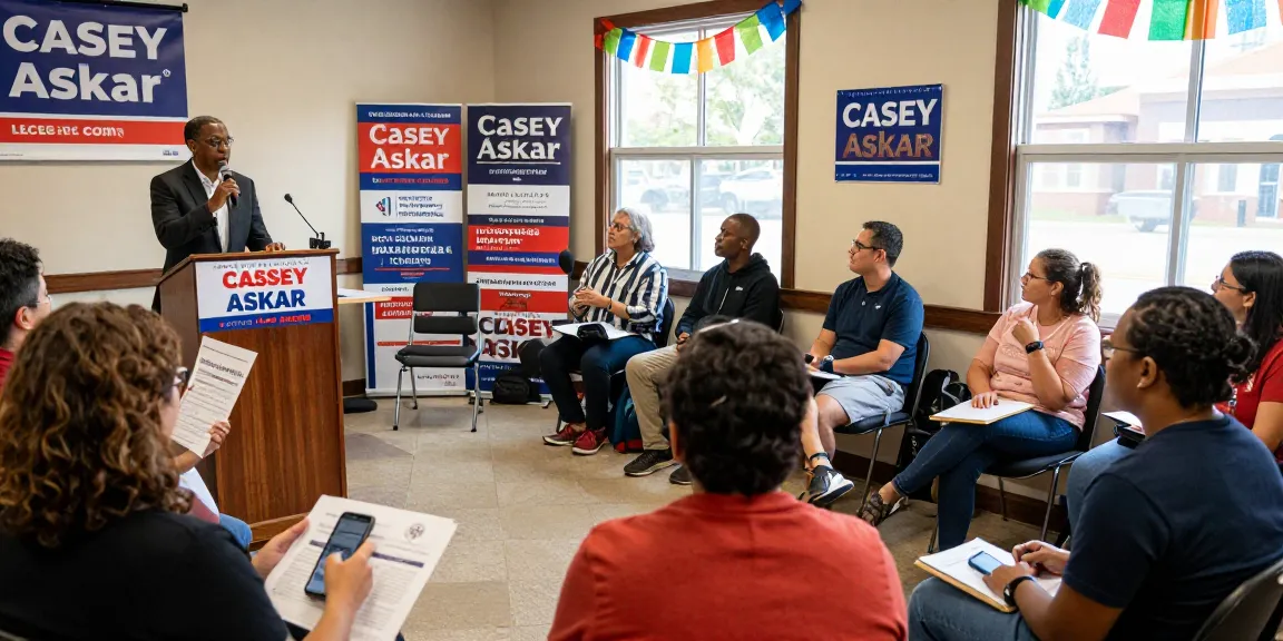 Casey Askar interacting with the community at a town hall meeting, highlighting his campaign transparency and engagement.