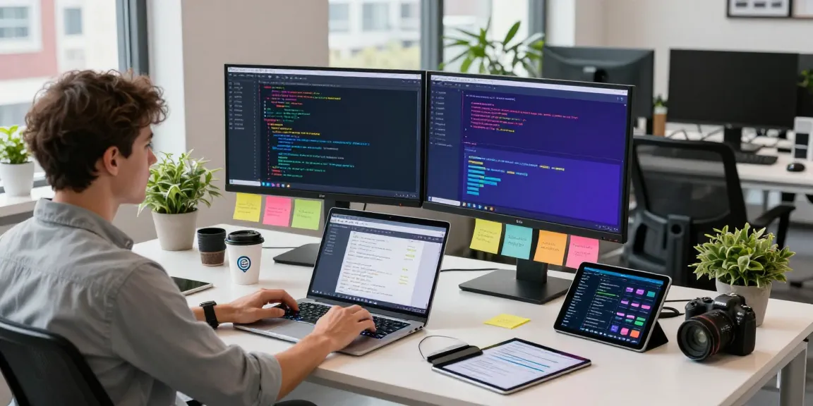 Developer working on an AI chatbot in a modern tech workspace with dual monitors and creative decor.